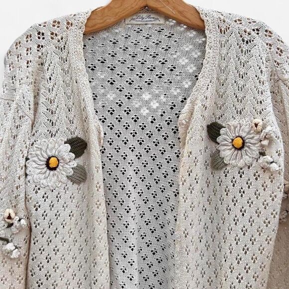 Cottage core vintage daisy flower child cream crotchet knit 3d daisy cardigan S - Picture 2 of 8
